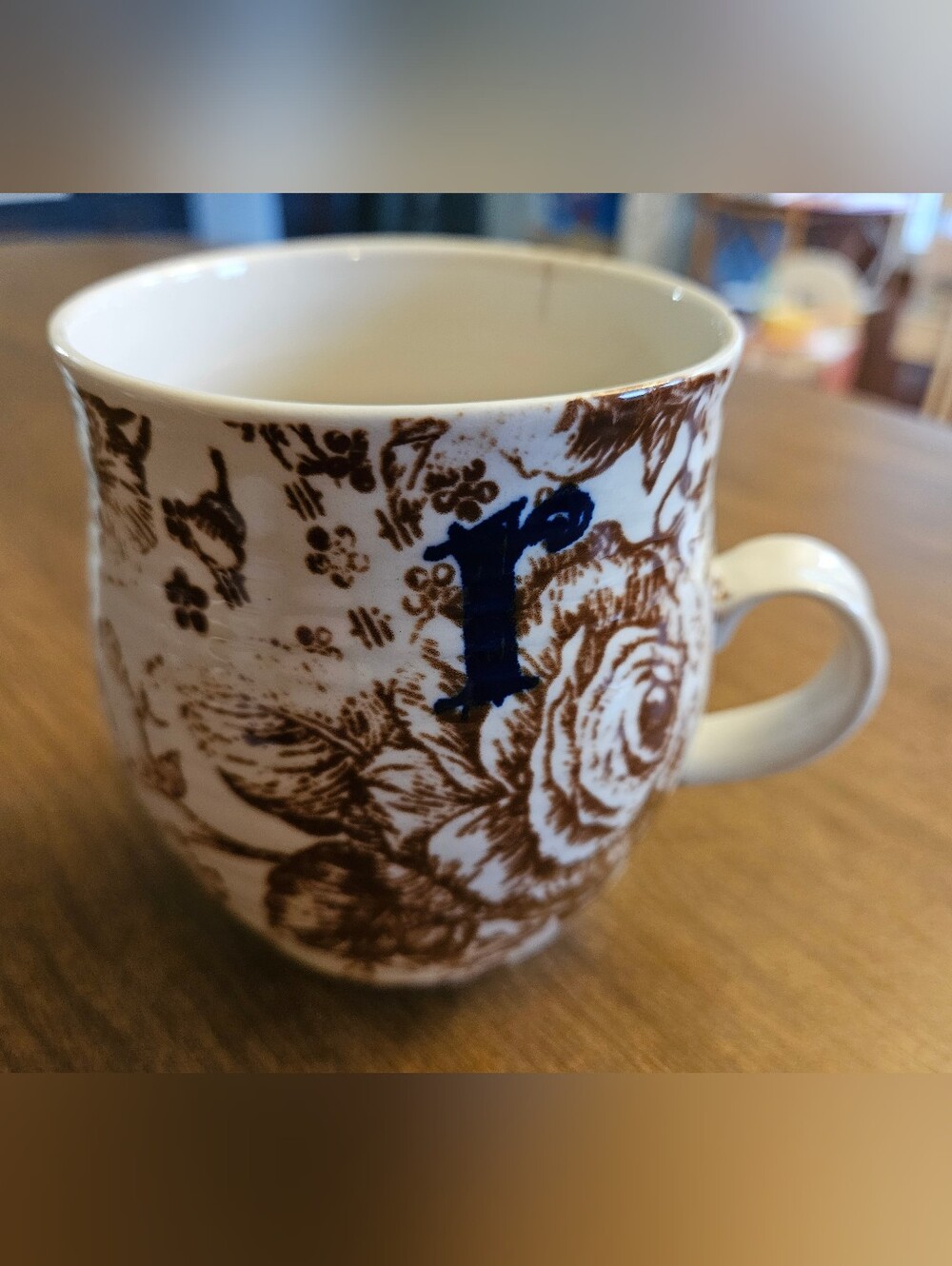 Anthropologie Homegrown Monogram Mug, Initial "R", Brown and White Floral